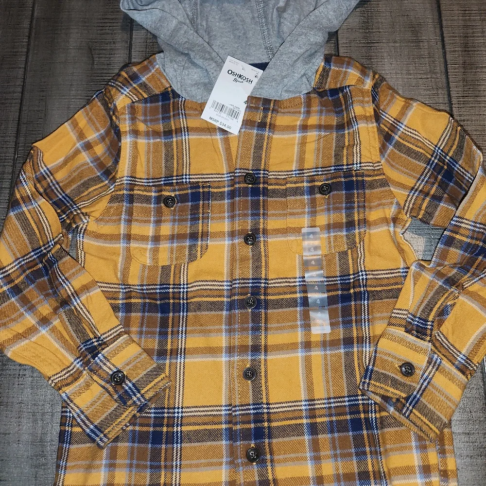 NWT Oshkosh B'gosh Plaid Hooded Kids Shirt - Yellow and Gray